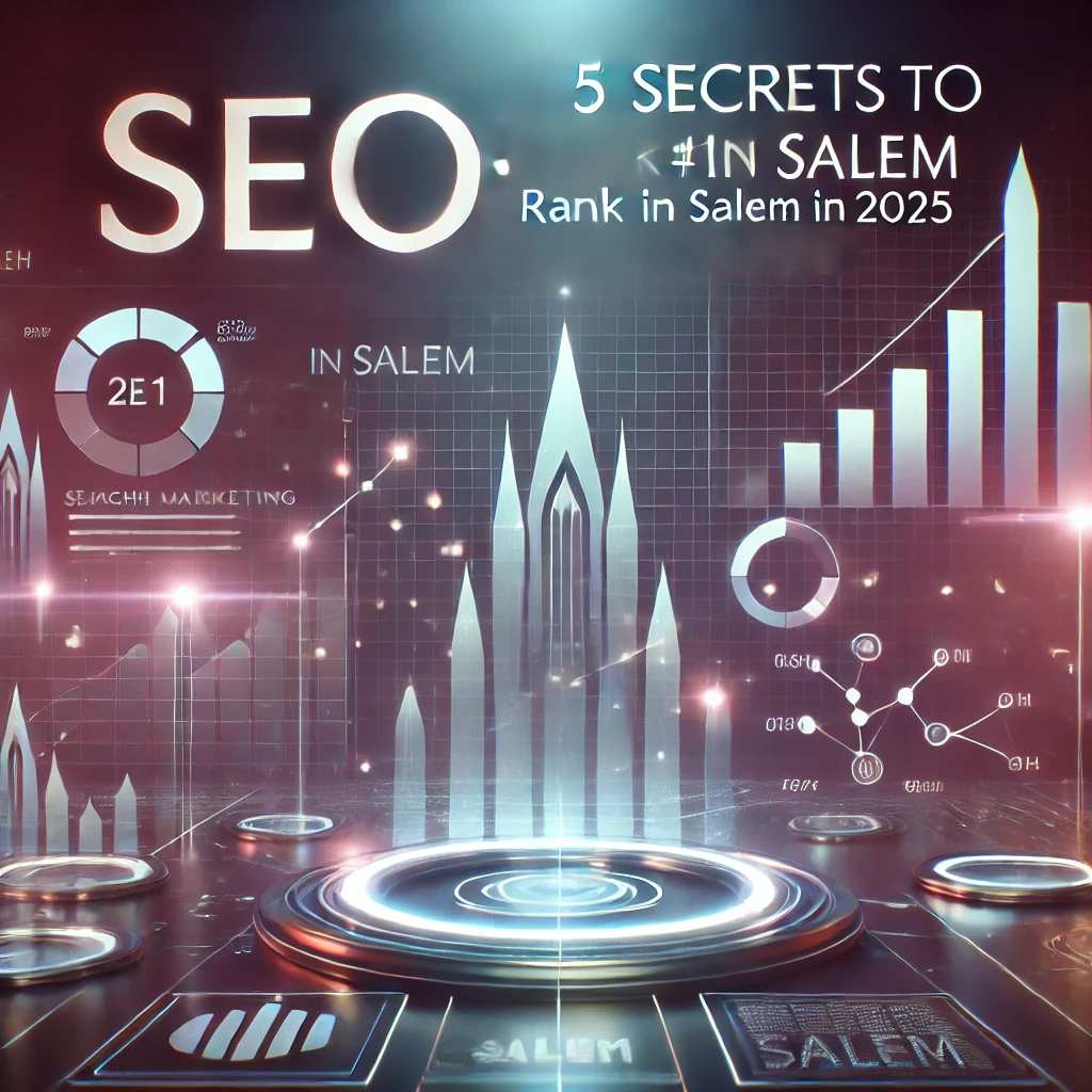 SEO featured image showing ranking charts, upward growth arrows, and digital analytics for the blog “SEO: 5 Secrets to Rank #1 in Salem in 2025.”