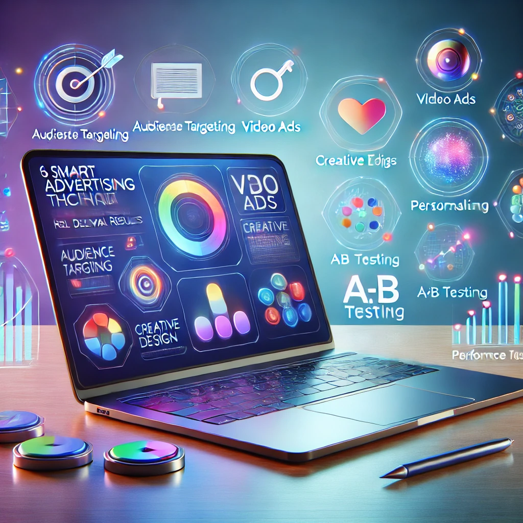 “Modern digital marketing workspace with analytics dashboard and icons representing advanced advertising techniques.”