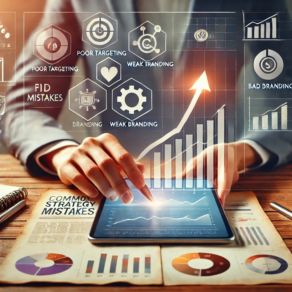 Marketing strategy mistakes illustrated with charts, analytics graphs, and a business owner correcting performance on a digital tablet.