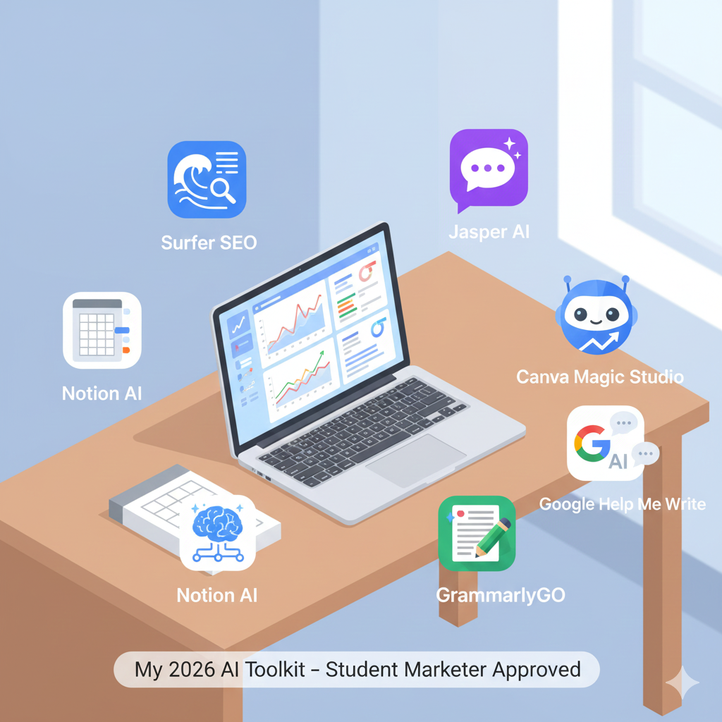 Flat-design illustration of a student digital marketer's AI toolkit on a desk. Apps shown are Surfer SEO, Jasper AI, Canva Magic Studio, GrammarlyGO, Google Help Me Write, and Notion AI (two icons). Banner text: "My 2026 AI Toolkit – Student Marketer Approved."