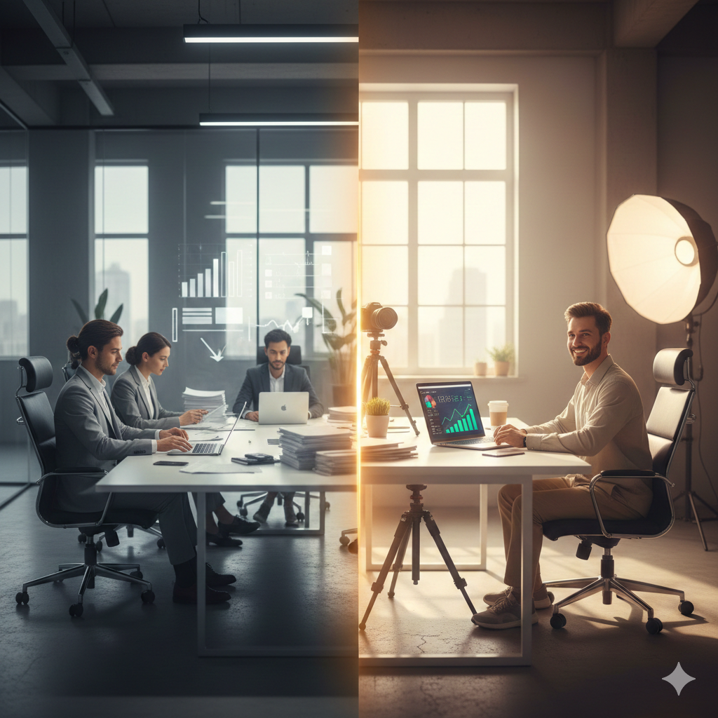 Independent Creator working in a home studio compared to MCN office setup in 2026