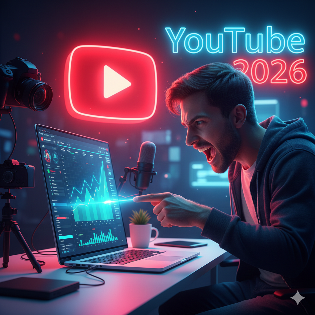 A YouTube creator in a futuristic studio pointing at rising YouTube analytics with a glowing play button, showing how to manage a YouTube channel in 2026.
