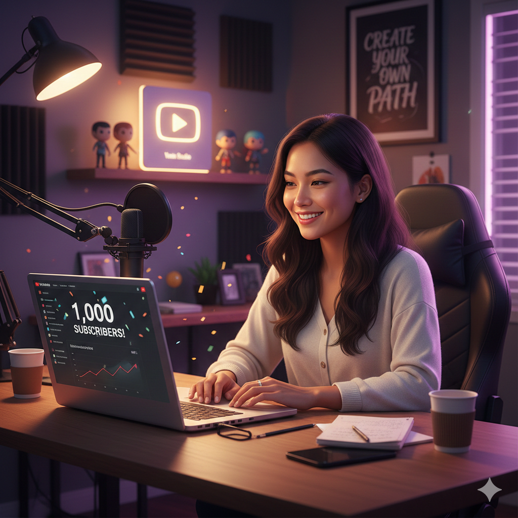 YouTube creator reaching 1,000 subscribers milestone on laptop screen