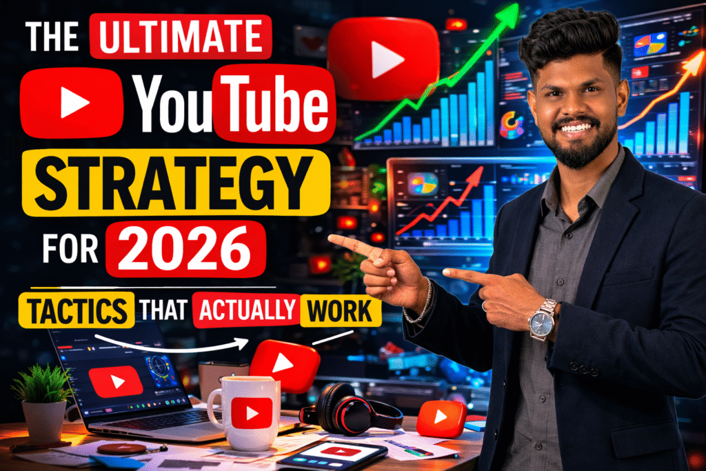 Ultimate YouTube Strategy for 2026 showing YouTube analytics growth, content creation tools, and digital marketing tactics for channel growth.