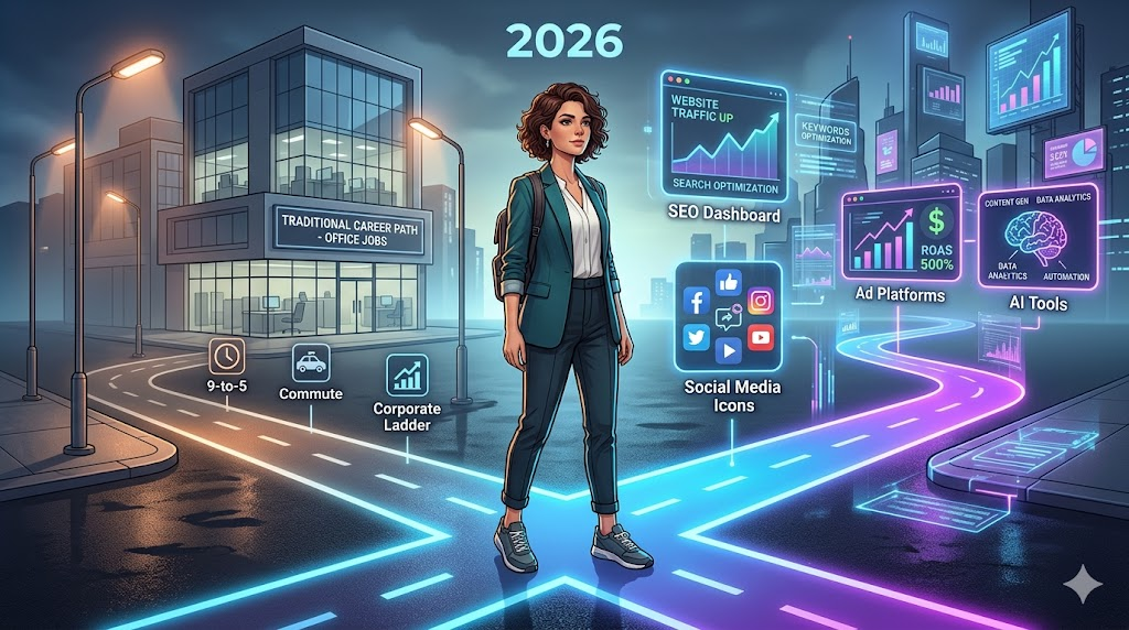 Digital marketing career in 2026 with AI tools, SEO analytics, social media marketing, and automation dashboards showing future job opportunities.
