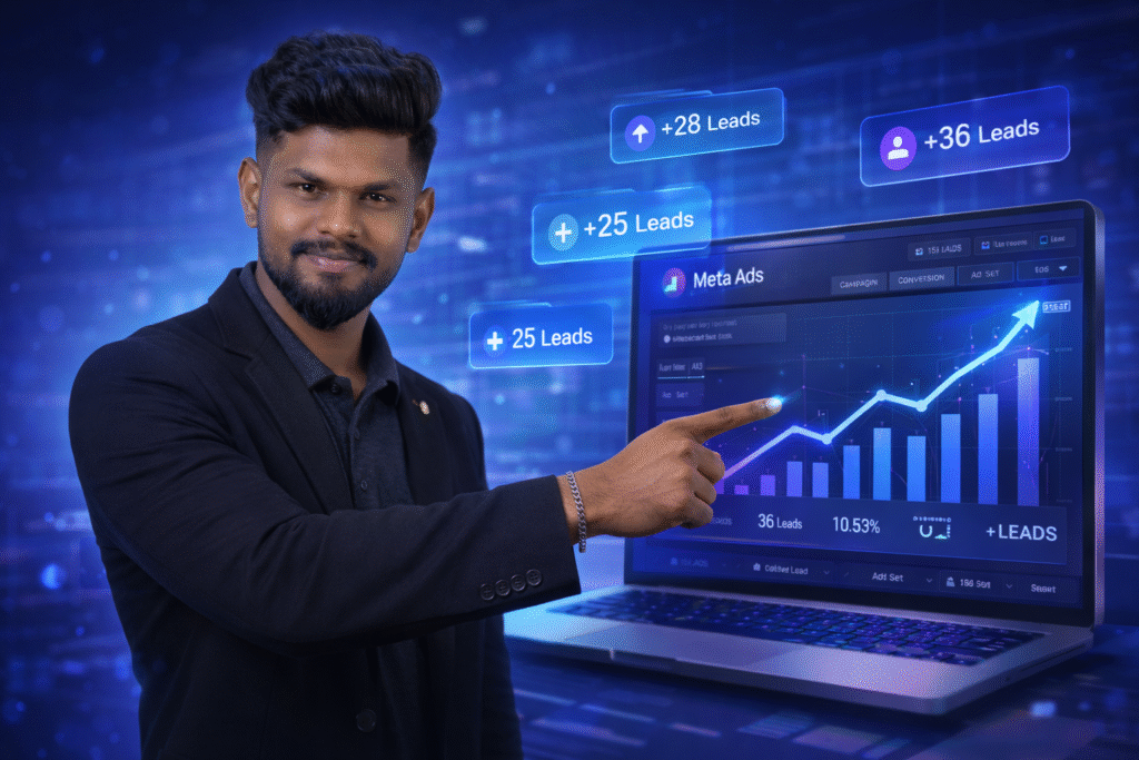 Digital marketer analyzing Meta Ads performance with lead generation graphs and conversion growth on laptop dashboard